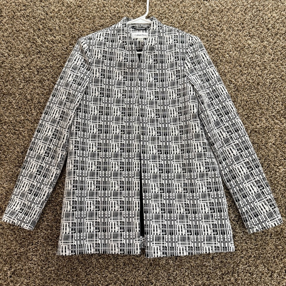 Calvin Klein Size 6 Black White Textured Grid Open Front Blazer Jacket Career